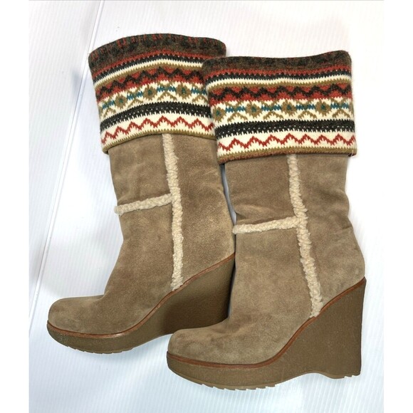 Steve Madden Tan Brown Suede Boots Mid-Calf Sz  6 M Lined Shearling Knit Cuff - Picture 2 of 16